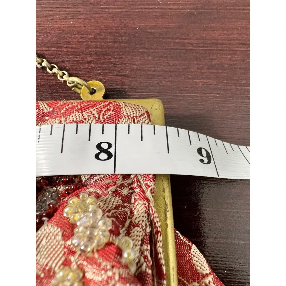 Vintage Pink Lace Beaded Floral Evening‎ Clutch Bag Gold Chain Made in India